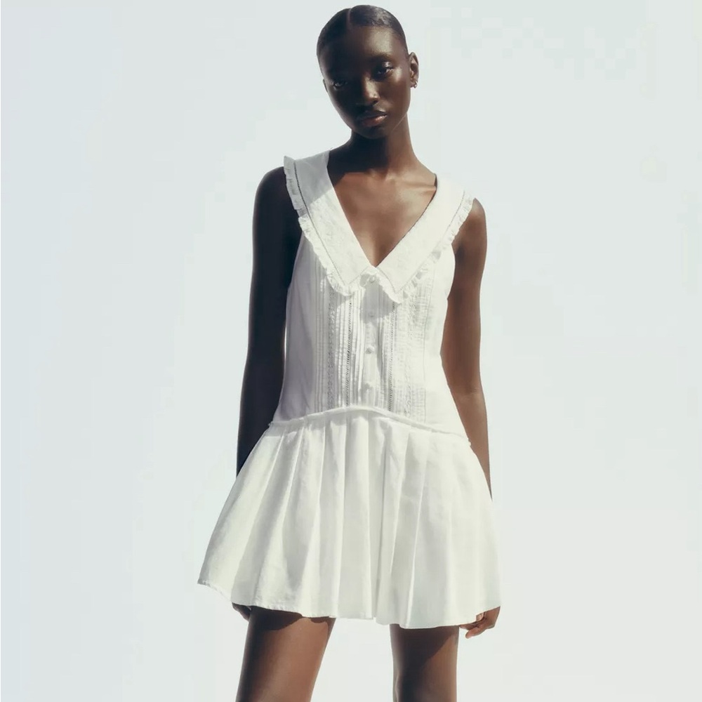 NWT ZARA PLEATED PETER PAN COLLAR SHORT LINEN DRESS SIZE XS
